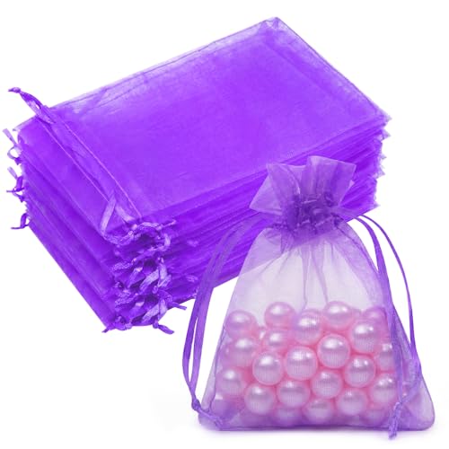 50PCS Purple Organza Bags 3x4, Organza Small Gift Bags Mini Sheer Clear Mesh Sachet Potpourri Jewelry Pouches Drawstring for Candy Treat Wedding Birthday Halloween Party Favors - color: Purple