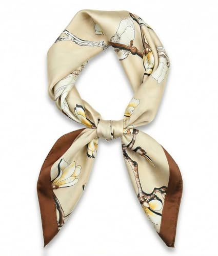 corciova Women’s Square Scarf 27.5 in (70 x 70 cm), Satin-Feel Polyester, Lightweight Fashion Scarf for Hair, Neck and Bag - color: Floral Magnolia (Beige / Brown Floral)