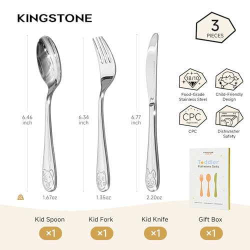 KINGSTONE 3 Pcs Kids Fork, Spoon & Knife Set, Stainless Steel, Cat & Dog - color: Cat & Dog, size: 3-Piece (Large)
