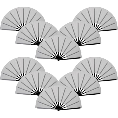 QIRMIZI 10PCS Large Folding Hand Rave Fan - Popping Fan Clacking Fans for Chinese Kung Fu, Tai Chi, Dance, Music Festivals,Carnivals, Weddings, EDM Events, Parties & Decorations,White - color: White