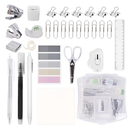 Mini Office Supply Kit, Mini Stapler with Staples and Tape Dispenser Set, Mini Stationary Kit Includes Sticky Notes Index Tabs Gel Pens for Office & School (Transparent) - color: Transparent