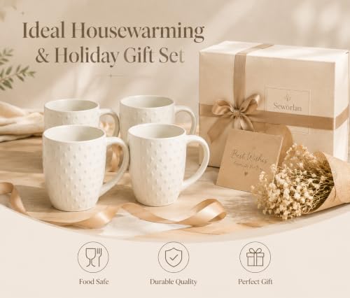 14 oz Ceramic Coffee Mugs Set of 4, White Stoneware Cups with Handle - color: Embossed-4PCS