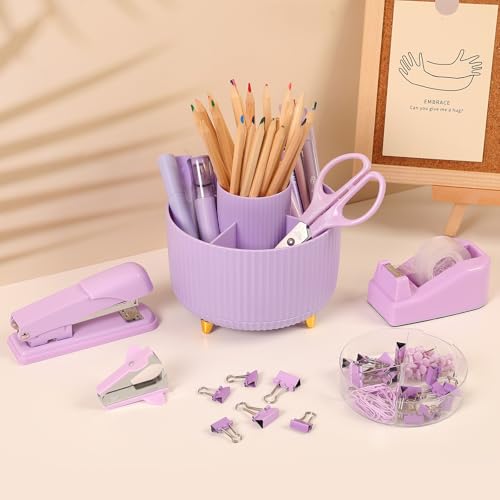 SKYDUE Purple Office Supplies Set with Pencil Holder for Desk,11 PCS - color: Purple