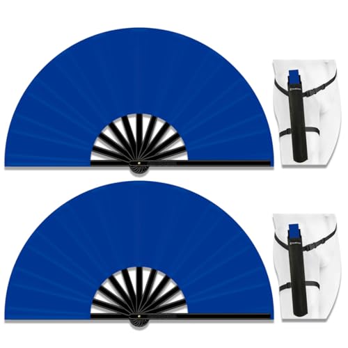 13" Large Folding Rave Fan with Holster, Clack Hand Fans Foldable for Line Dancing for Women Men Festival EDM Party Decoration, Blue 2 Pack - color: Blue