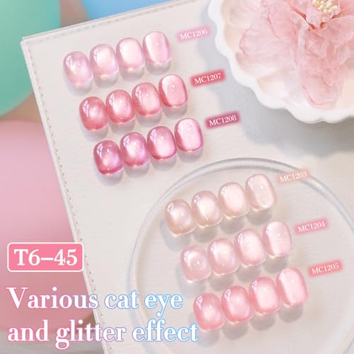 Double Rhythm Cat Eye Gel Nail Polish Set of 6 Same Color Same Bottle 0.5 Oz Shimmer Glitter with Magnet Holographic Reflective Magnetic UV Nail Polish Kit at Home (Glass Nude Pink Rose-T6-45) - color: Glass Nude Pink Rose
