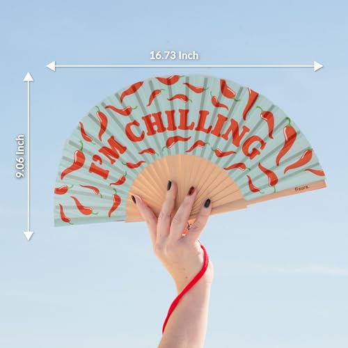 Fisura – Original Folding Fan I´m chilling, Wooden Hand Fans for Women foldable - Mint Design for Raves, Festivals, Weedings - Hanger included, Size: 16.7 x 9 inches - color: I'm Chilling, Mint