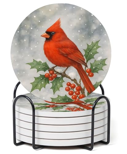 Nikyi 6 Pcs Cardinal Christmas Winter Red Bird Ceramic Absorbent Coasters, Round Drink Coaster with Metal Holder and Cork Base, for Coffee Table Kitchen Bedroom Living Office Desk Home Decor Or Gifts - color: Cardinal Christmas Winter Red Bird