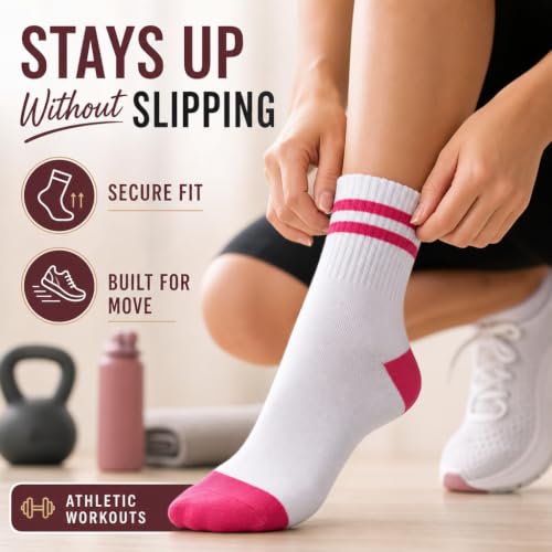 Forever Bambe Mini Crew Socks for Women 4-Pack Cushioned Bottom Retro Striped Socks - Athletic Women's Short Calf Sock - color: 2 - Pink