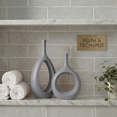 Gray Ceramic Hollow Elliptical Vase Set of 2 - Boho Circle Vase with Hole, for Modern Grey Table Decor, Living Room Decor Shelf mid Century Modern Home Entrance Decorative vase - color: Gray