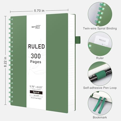 RETTACY Spiral College Ruled Notebook, 300 Pages, A5 Size (5.7" x 8.2") - color: Dark Green, size: 5.7" x 8.2"