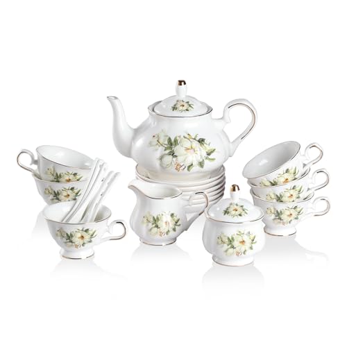 Sweejar Porcelain Tea Set Vintage Floral, British Relief Gold Rim Teapot Cup and Saucer Sets, 22-Piece Tea Sets for Adults, with Teapot, Sugar Bowl, Milk Jug, Spoons, Cup and Saucer (Camellia) - color: Camellia