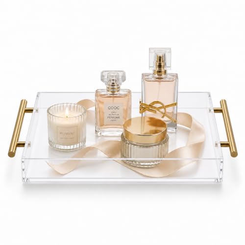 Clear Acrylic Tray 16x12” with Golden Metal Handles - Large Plastic Tray for Serving Guests, Countertop Organization, Ottoman Coffee Table & Vanity – Modern Decorative Tray for Home & Office - color: Golden Handles - Transparent, size: 16" x 12" x 2"