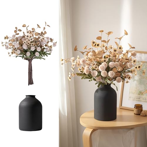 BLOSMON Beige Faux Flowers in Vase for Dining Table Centerpiece Decor - color: Beige Wax + Kiku
