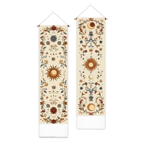 PLIGREAT 2 Pack Sun Moon Wall Hanging Long Narrow Tapestry Aesthetic Wall Tapestry for Bedroom Living Room Bathroom Home Office Decor - color: beige,red
