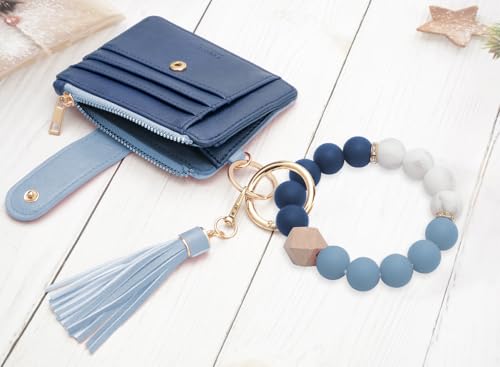COOLANS Silicone Bracelet Wristlet Wallet Credit Card Holder RFID ID Window Key Ring Tassel Slim Wallet Women Keychain Purse - color: Double Blue