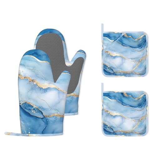 Blue Gold Marble Heat-Resistant Silicone Oven Mitts and Pot Holder 4 Piece Set,Non-Slip Kitchen Oven Gloves for Baking, BBQ, Cooking,Grilling - color: Blue Gold Marble