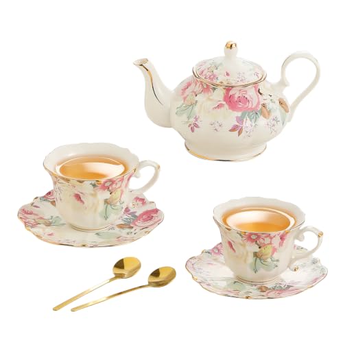 TATSUMI Country Roses Porcelain Tea Set, European Ceramic tea set for one or two,Vintage Style, For Women and Tea Parties (Pink, 7 Pieces Set) - color: Pink, size: 7 Pieces Set