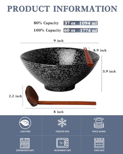 Kanwone Ceramic Japanese Ramen Bowl Set, Noodle Soup Bowls - 60 Ounce, with Matching Spoons and Chopsticks for Udon Soba Pho Asian Noodles, Set of 2, Black - color: Black, size: 9 Inch