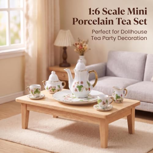 Miniature Tea Set 1/6 Scale Dollhouse Accessories Porcelain Green - color: Green