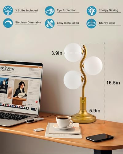 Lightdot Gold Globe Table Lamp Dimmable Modern Ball Lamp 3 Bulbs Included - color: 01-Gold-Globe-3-S