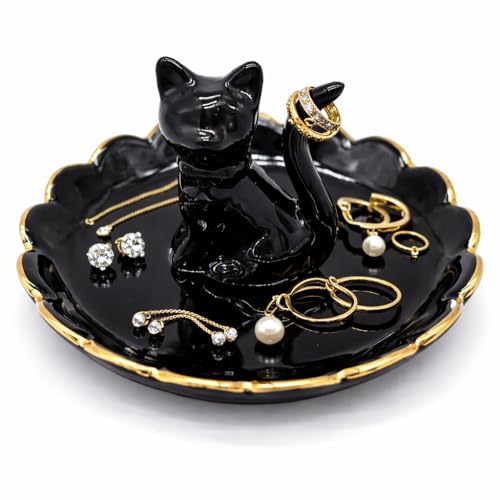 ROSA&ROSE Cat Ring Holder Trinket Tray Ceramic Jewelry Dish Porcelain Ring Organizer,Gift for Women,Girlfriend,Wife,Birthday or Anniversary(Black bow) - color: BowTie Cat Black