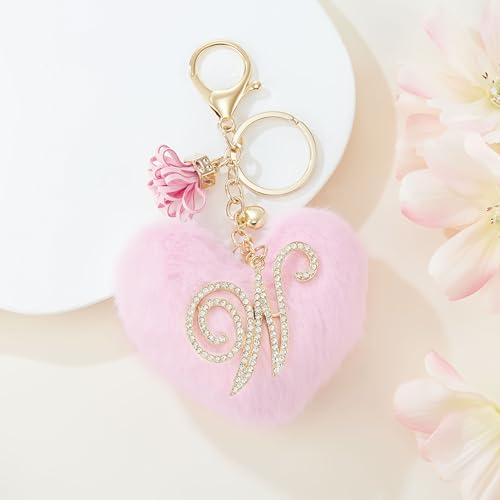 Initial Letter Heart Pom Pom Keychain for Women Pink Soft Fluffy Ball Key Ring for Purse Backpack Handbag - color: W