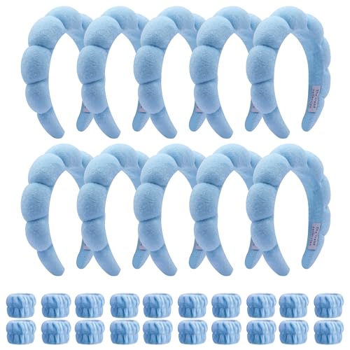 10 Pack Spa Headband and Wristband for Washing Face, Makeup and Skincare. Puffy Terry Cloth, Non Slip Get Ready Hairband for Women, Teens, Girls. Cute Hair Accessories. (Blue) - color: Blue