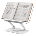 Acrylic Book Stand for Reading Hands Free - Adjustable 360° Rotating Cookbook Holder with Elastic Page Clips & Foldable Base, Multi-Angle Desktop Display Stand for Recipes, Textbooks, Tablets, Bibles - color: White