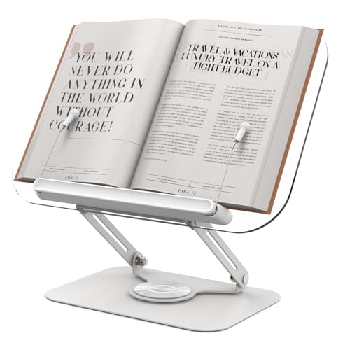 Acrylic Book Stand for Reading Hands Free - Adjustable 360° Rotating Cookbook Holder with Elastic Page Clips & Foldable Base, Multi-Angle Desktop Display Stand for Recipes, Textbooks, Tablets, Bibles - color: White