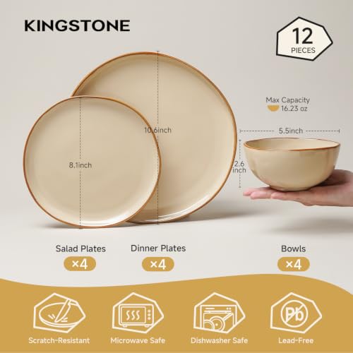 Stoneware Dinnerware Sets for 4, Reactive Glaze Plates and Bowls, Beige - color: Beige, size: Service for 4-12Pcs