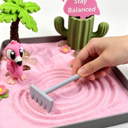 Mini Zen Garden for Desk - Cute Pink Flamingo Decor & Sand Tray Therapy Kit with Cactus Pen Holder. Funny Positive Flamingo Gifts for Women, Relaxing Office Desk Accessories (5.7"x4.1")