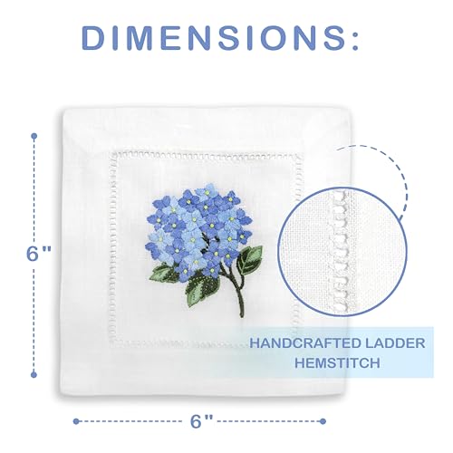 Linen Cocktail Napkins White Set of 6 Hand Embroidered Hydrangea 6"x6" Reusable Mini Cloth Hemstitched Coasters for Birthday Wedding Garden Party Present Blue