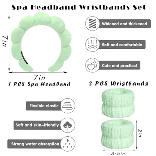 Spa Headbands for Washing Face Wristband Set Sponge Makeup Skincare Headband Wrist Towels Bubble Soft Terry Towel Cloth Hairband for Women Puffy Headwear Non Slip Thick Thin Hair Headwear (Green) - color: Green