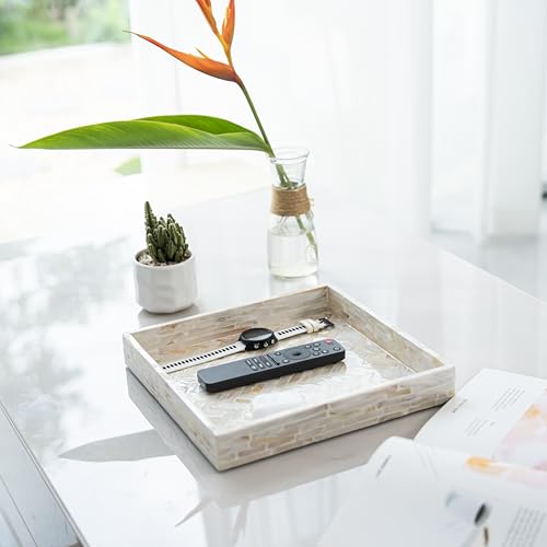 PEMAR 11" Square Mother of Pearl Decorative Tray - Herringbone Shell - color: Creamy White Herringbone