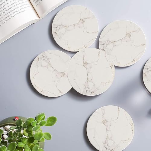 4inch Round White Marble Coaster with Gold Storage Rack 6pcs - color: White Coasters