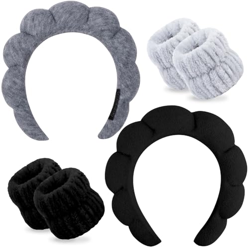 SPA Headbands for Washing Face Makeup Headbands with Bow Hair Band Women Facial Head Band Wrist Towel Wraps For Shower Face Mask Gray Black, 6 Pack - color: Gray Black