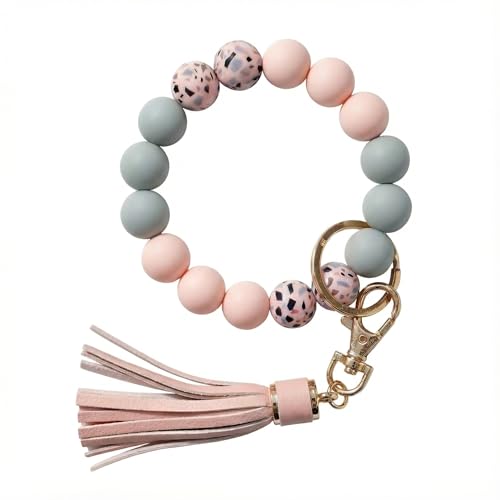 BIHRTC Key Ring Bracelet Car Keychain Holder Wristlet Silicone Women Beaded Bangle Chains - color: Light Pink