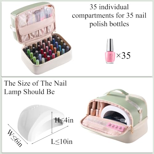 Nail Polish Organizer Holds 35 Bottles & Nail Lamp, Nail Organizers and Storage, Double Layer Nail Bag with Handle & Shoulder Strap for Travel, Nail Supplies Organizer for Manicure Kit (Green+Beige) - color: Green+Beige (35Bottles）