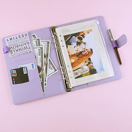 Antner A5 Notebook Binder 6 Ring Refillable Budget Planner Cover for Cash Organizer, PU Leather Aesthetic Photocard Holder Loose Leaf Small Binder with Magnetic Buckle for A5 Planner Inserts, Purple - color: Purple