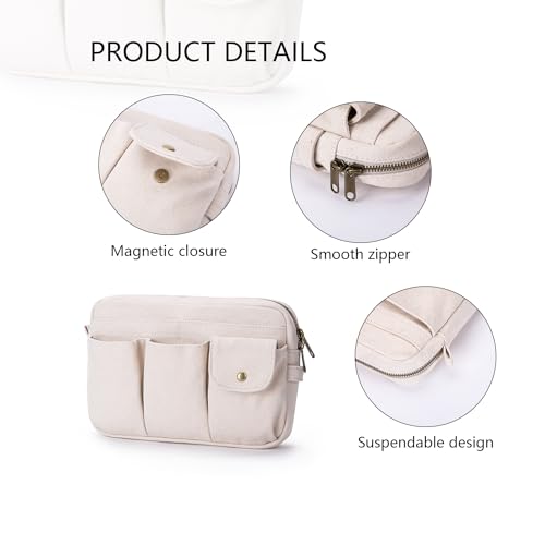 Pencil Holder Storage Bag for Women Large Capacity Zippered Pencil Case with Multiple Pockets Canvas Stationery Organizer for Office Travel & Daily Use - color: Beige/Canvas