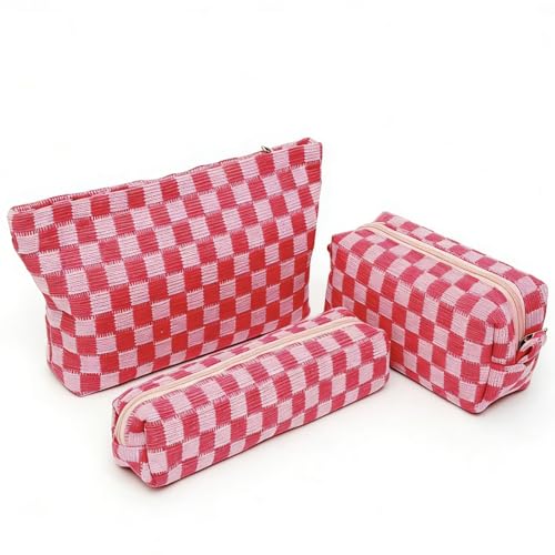 3 Pieces Checkered Makeup Bag Set, Pink Cosmetic Bags for Women, Large Medium Small Portable Travel Toiletry Bag, Cute Zipper Pouch Organizer for Purse, Skincare, Cosmetics, Stationery - color: 3 pcs Pink