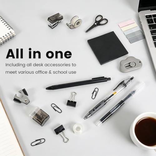 Mini Office Supply Kit, Mini Stapler with Staples and Tape Dispenser Set, Mini School Supplies Kit Includes Sticky Notes Index Tabs Gel Pens for Office & School (Black) - color: Black