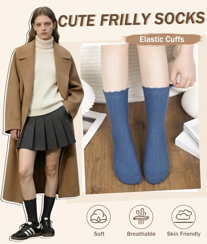 Justay 6 Pairs Ruffle Socks Women, Crew Cotton Frilly Boot Socks - color: Blue Black Brown Khaki Dark Grey Light Grey