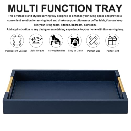 Navy Blue Faux Leather Serving Coffee Tray with Gold Handles,Rectangle Decorative Trays for Home Decor Large Ottoman Tray for Living Room - color: Blue, size: 17" x 12" x 2"
