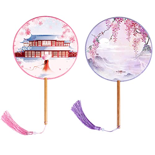 BAOZOON 2 Pcs Silky Translucent Ancient Round Fan Classic Silk Hand Held Fan Floral Pattern Palace Paddle Dance Fan with Tassel Wooden Handle Wedding Favor Gift Home Decor(Color#5) - color: Color#5