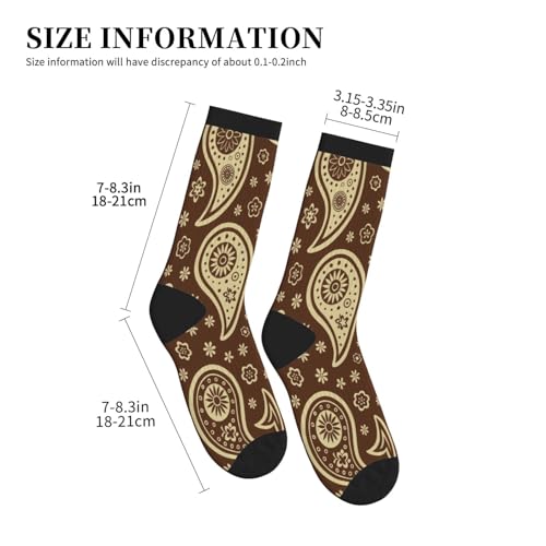 Crew Athletic Socks Funny Crazy Casual Sports Novelty Dress Socks for Women Men Running Hiking - color: Brown Ethnic Paisley Flowers