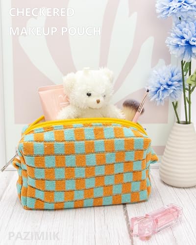 Checkered Makeup Bag for Purse, Small Travel Cosmetic Pouch,Orange Green - color: Orange Green