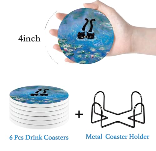 Nikyi 6 Pcs Cute Cat Ceramic Drink Coasters, Absorbent Round Coasters with Cork Backing & Metal Holder, Monet Art Water Lily Coasters Perfect for Coffee Table Office Home Decor & Cat Lovers - color: Cute Cat Monet Art