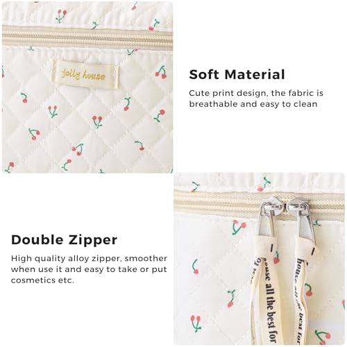 HBselect Quilted Makeup Bag, 3Pcs Cotton Large Travel Makeup Bags Organizer - color: A-3PCS-Cherry