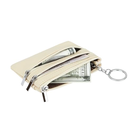 Women Genuine Leather Coin Purse Keychain Change Purse - color: Beige